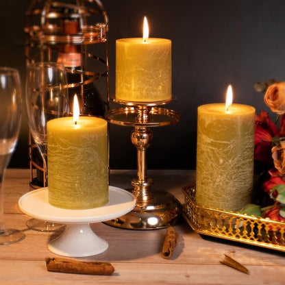 KONNI Wax Yellow Pillar Candles Set of 3, 3"x 6" Unscented Pillar Candles Bulk, 56 Hours Long Burning Candles, Smokeless&Dripless Large Round Candle for Wedding, Home Decoration, Parties, Spas, Dinner