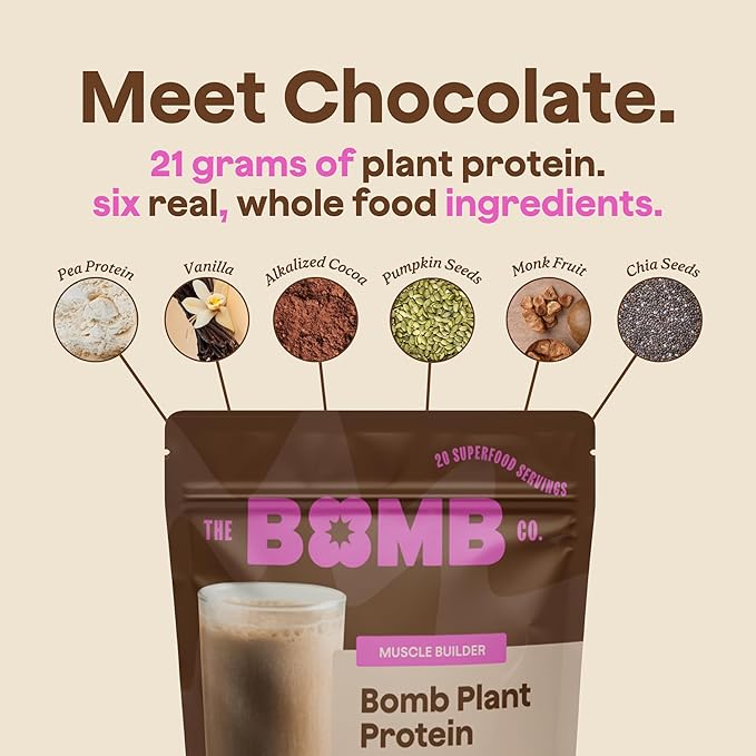 The Bomb Co. Bomb Plant Protein, Protein Powder with 21g Protein, Amino Acids, Zero Sugar, Pea Protein, Cocoa, Chia Seeds, Pumpkin Seeds, Vanilla & Monk Fruit, Gluten Free, Chocolate Flavor, 20 Srvgs