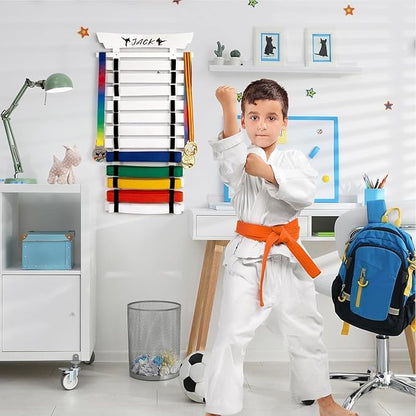 12 Belts Karate Belt Display Rack with Stickers, Martial Arts Belt Display Holder, Taekwondo Belt Jiu Jitsu Belt BJJ Belt Display Hanging Holder for Adults