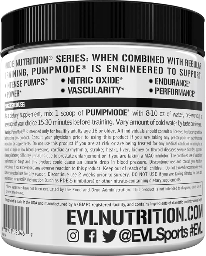 EVL PumpMode Nitric Oxide Supplement - Nitric Oxide Booster Pump Pre Workout Powder with Glycerol and Betaine for Muscle Recovery Growth and Endurance - Stim Free Pre Workout Drink (Blue Raz)