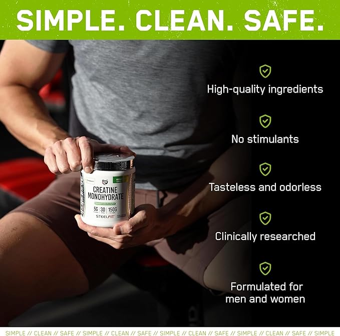 SteelFit Creapure Creatine Monohydrate Powder, Unflavored - German Micronized Creatine Powder for Men & Women - Gym Workout Nutritional Supplements for Muscle Gain, Brain Health & Strength Building
