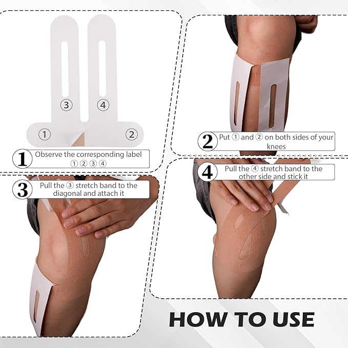 12 Pcs Precut Kinesiology Tape for Knees，Knee Tape for Knee Pain Relief Pre Cut，Waterproof, Breathable, Hypoallergenic Athletic Tape for Support and Protection (Rice-White)