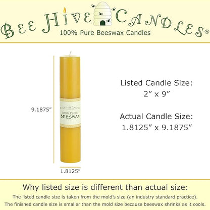 100% Pure Beeswax Pillar Candle (2" x 9") | Natural Beeswax Candles | Soy, Paraffin & Fragrance Free | Handmade in The USA