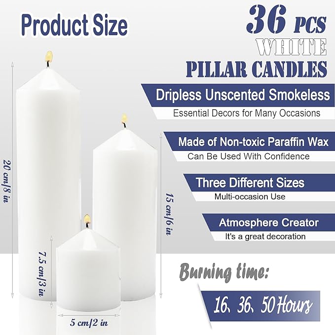 36 Pcs White Pillar Candles Bulk Set，Hurricane Candlesï¼? Different Lengths (12 Each)，Dripless Unscented Smokeless，Gives You a Better Atmosphere When Organizing an Event Party.
