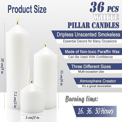 36 Pcs White Pillar Candles Bulk Set，Hurricane Candlesï¼? Different Lengths (12 Each)，Dripless Unscented Smokeless，Gives You a Better Atmosphere When Organizing an Event Party.