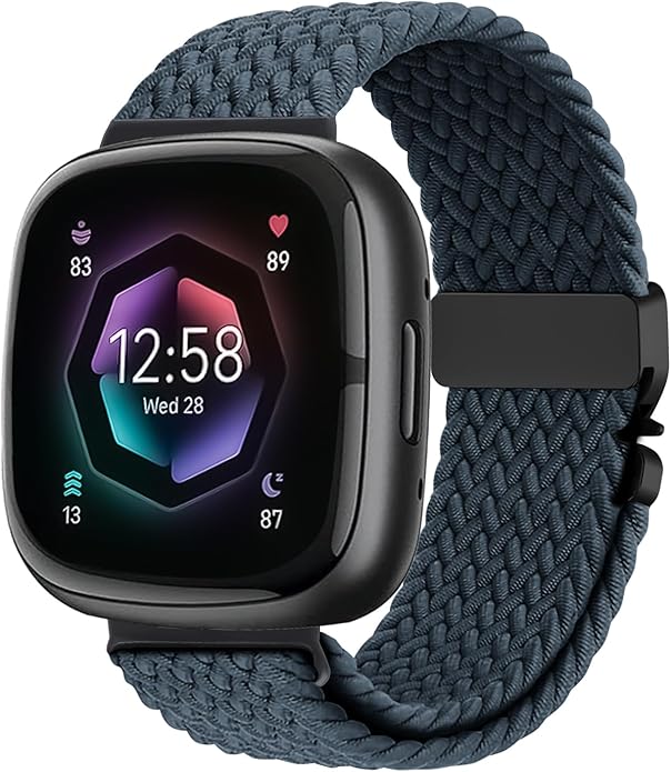 Braided Stretchy Band for Fitbit Versa 4/Versa 3/Sense 2/Sense Watch Band Women Men,Parachute-style Buckle Nylon Sport Wristband Soft Fabric Elastic Loop Strap Accessories for Versa 4/3