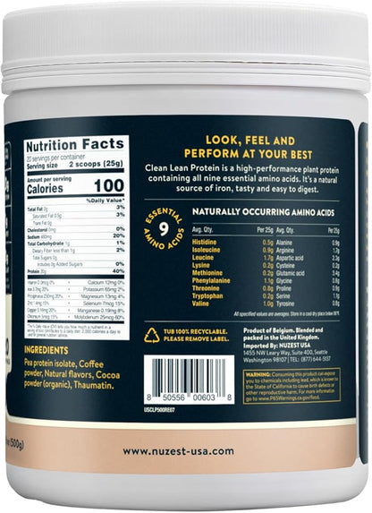 Nuzest - Pea Protein Powder - Clean Lean Protein, Premium Vegan Plant Based Protein Powder, Dairy Free, Gluten Free, GMO Free, Protein Shake, Real Coffee, 20 Servings, 1.1 lb