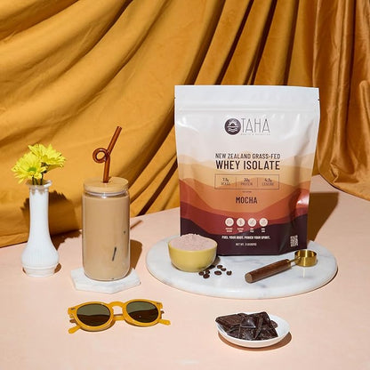 Taha Health & Nutrition Mocha Whey Protein Isolate Powder, 30g Protein, 7.9g BCAAs, 4.3g Leucine | New Zealand Free-Range, Grass-Fed Dairy | Gluten-Free, Keto, Kosher | 2LB, 24 Servings