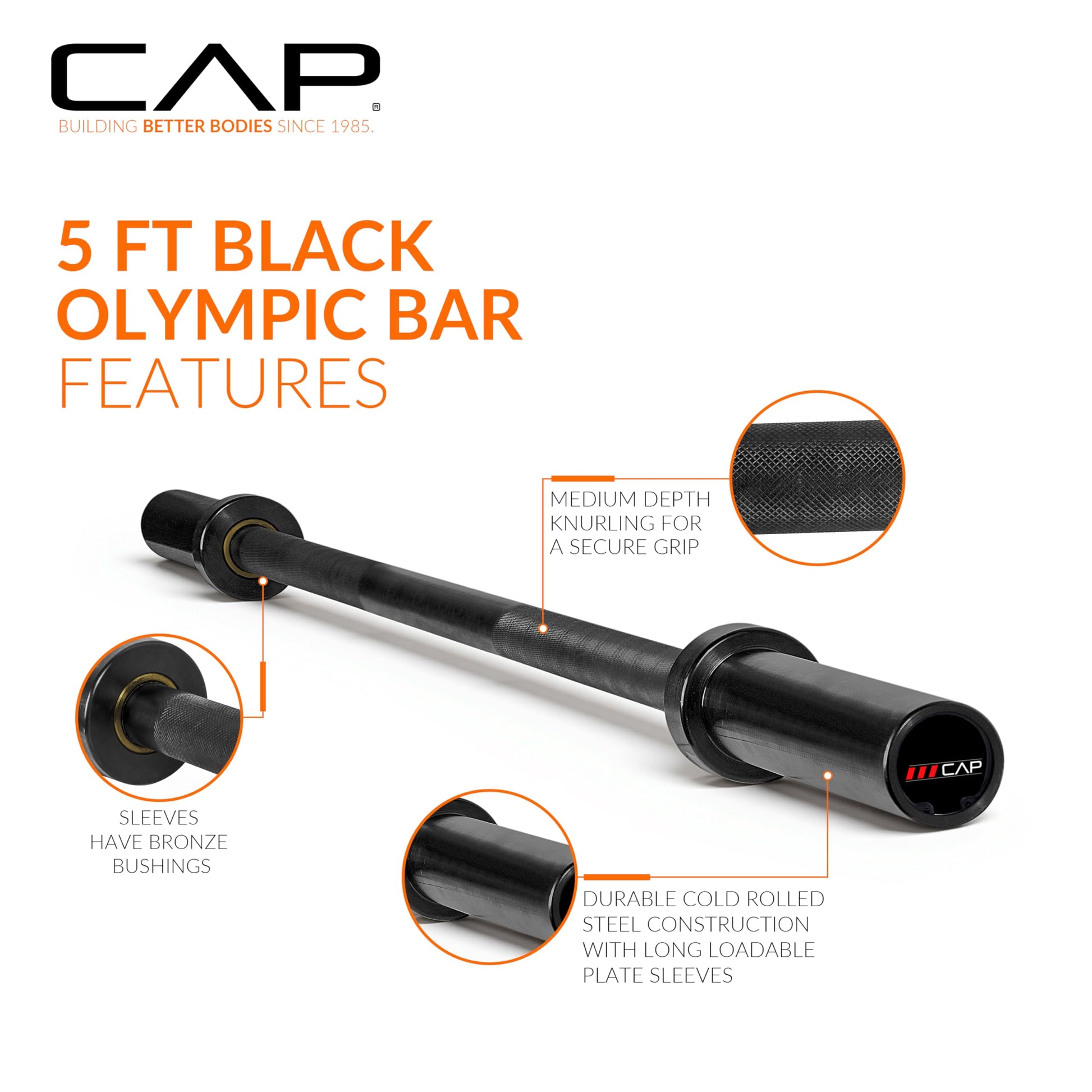CAP 20lb 5ft Olympic Barbell, Black, Strength Training