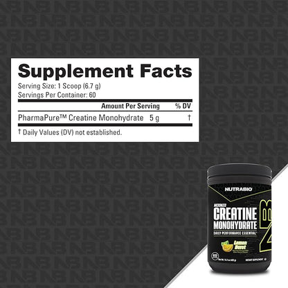 NutraBio Pure Micronized Creatine Monohydrate Powder Supplement, Lemon Burst, (300 g) - Supports Bulk Muscle Energy, Recovery, and Strength - HPLC Tested Creatine Powder Supplement for Men and Women