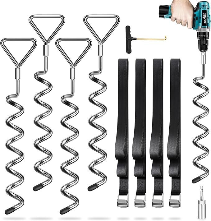 Trampoline Stakes Heavy Duty Trampoline Anchors Kit, Spiral Screw In Ground Anchors with Straps, Earth Anchors Earth Anchors Swing Set Anchors for Trampoline