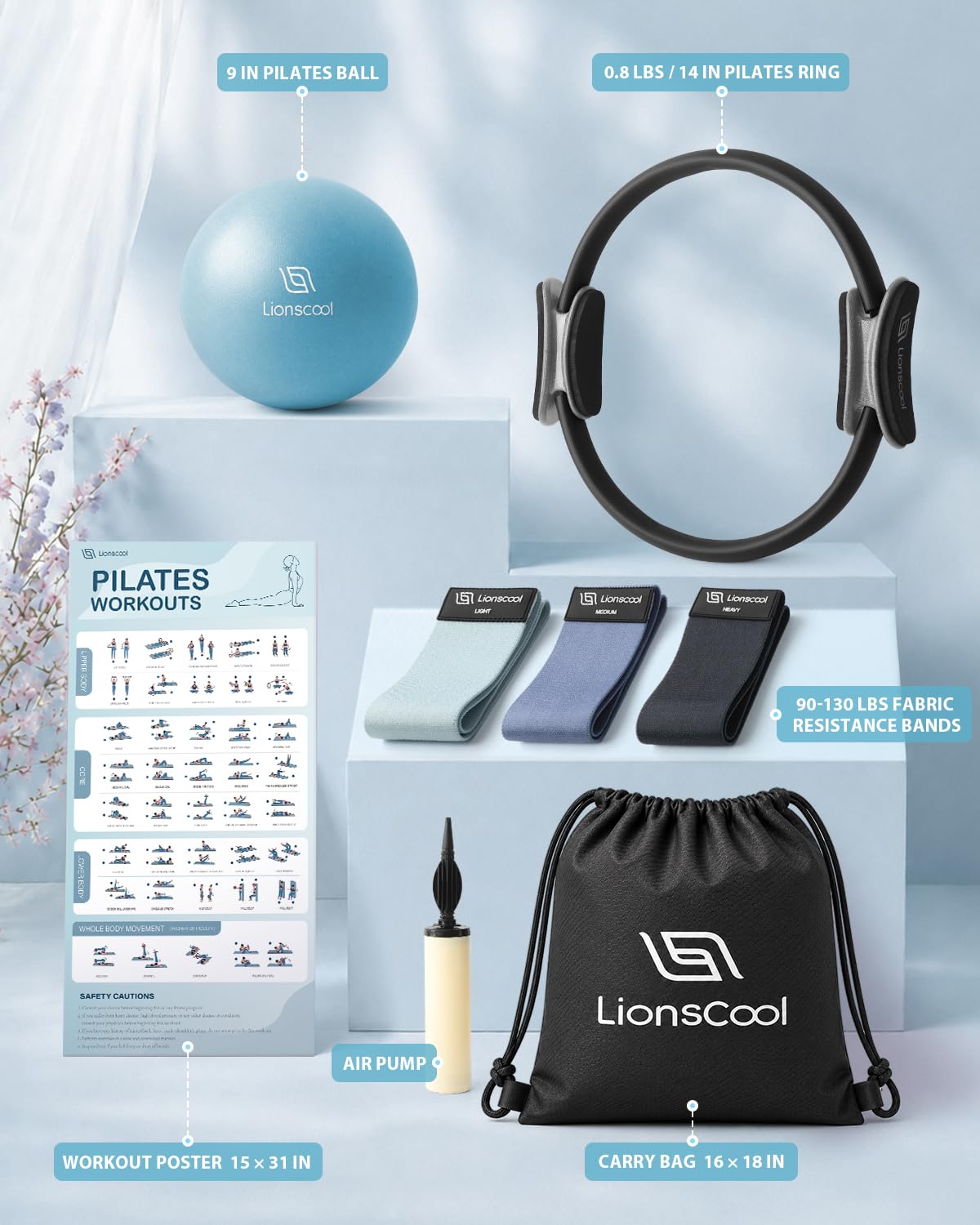 LIONSCOOL Pilates Ring Set 14" Magic Circle, 9" Mini Ball, Resistance Bands