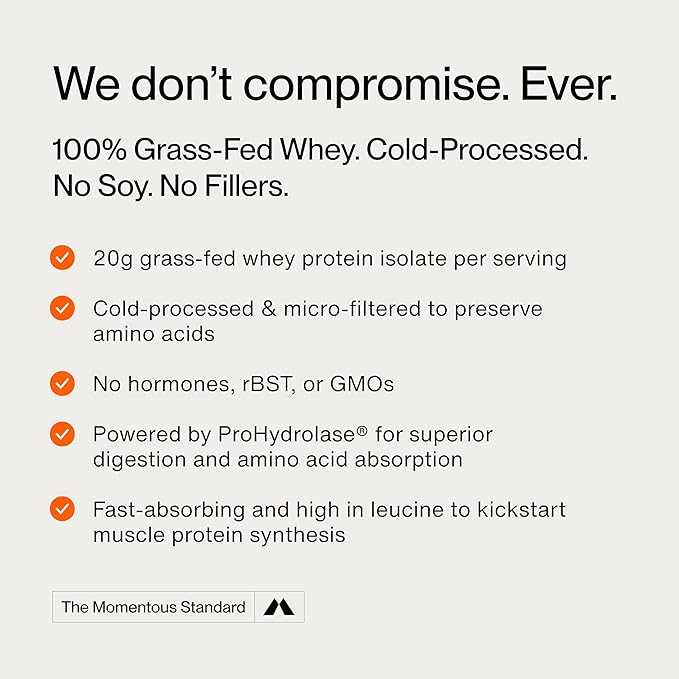 Momentous Essential Grass-Fed Whey Protein Powder - 20 g Whey Isolate Protein - NSF Certified for Sport - Gluten-Free - 24 Servings for Essential Everyday Use - Unflavored - Package May Vary