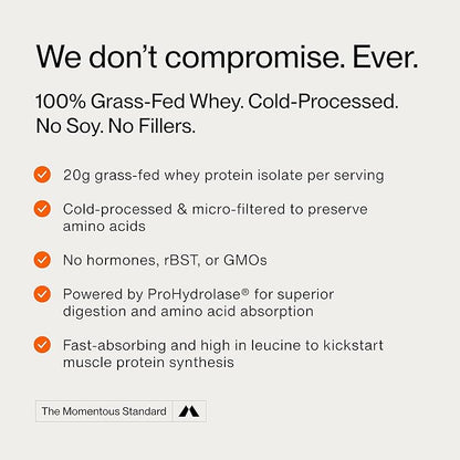 Momentous Essential Grass-Fed Whey Protein Powder - 20 g Whey Isolate Protein - NSF Certified for Sport - Gluten-Free - 24 Servings for Essential Everyday Use - Unflavored - Package May Vary