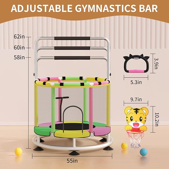 Trampoline for Kids, Adjustable Baby Toddler Trampoline with Basketball Hoop, Round Bottom Indoor Outdoor Toddler with Enclosure