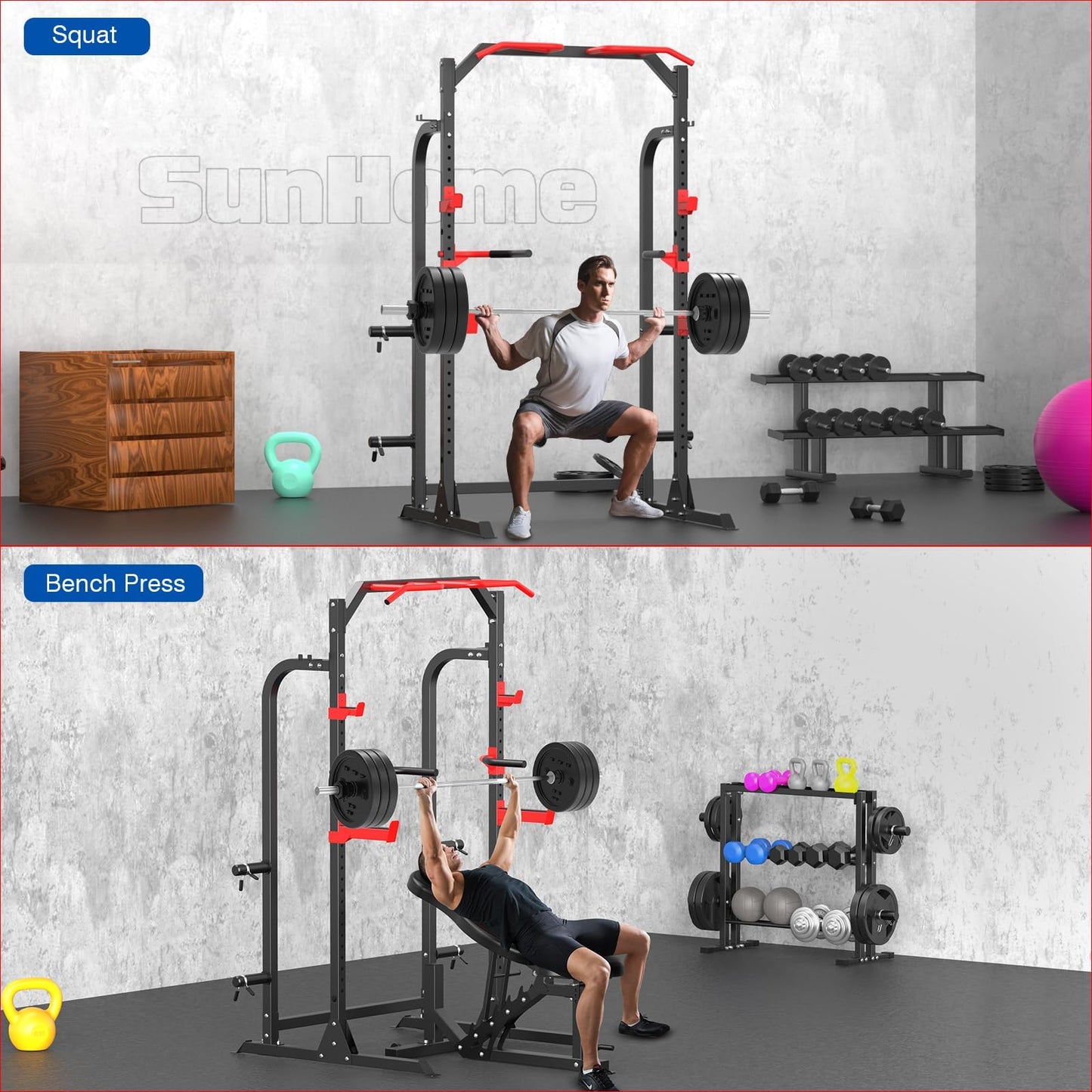 SunHome Power Cage Squat Rack, Multi-Functional Power Rack with J-Hooks, Dip Handles, Weight Plate
