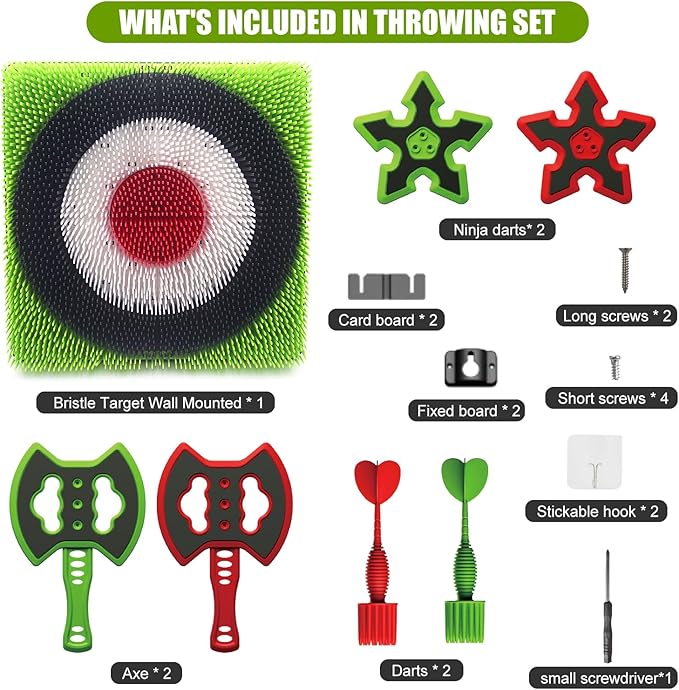 Axe Throwing Target Set for Backyard - Plastic Throwing Axes Game for Adults Kids - Bristle Target Wall-Mounted, 2 Throwing Axes, 2 Ninja Stars, 2 Darts Includes - Indoor Outdoor Yard Carnival Games