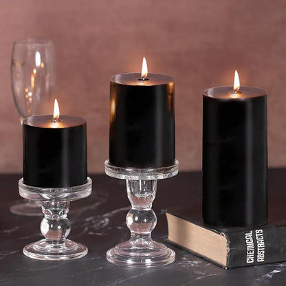 KONNI Black Pillar Candles Set of 3, 3"x 3" Unscented Pillar Candles Bulk, 30 Hours Long Burning Candles, Smokeless&Dripless Large Round Candle for Wedding, Home Decoration, Parties, Spas, Dinner