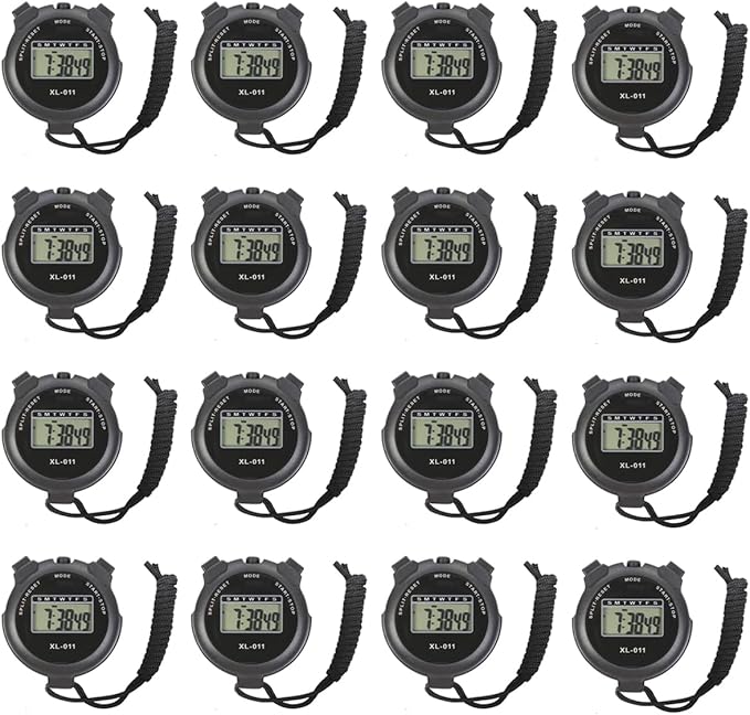 16-Pack Multi-Function Electronic Digital Sport Stopwatch Timer, Large Display with Date Time and Alarm Function, Sports Coaches Fitness Coaches and Referees Black