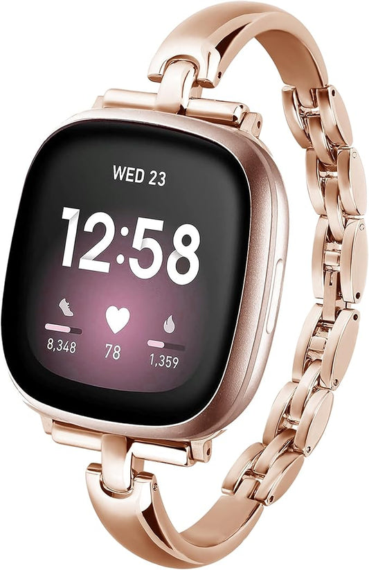 Silm Metal Band Compatible with Fitbit Versa 4/Fitbit Sense 2 Band Cute Women, Bling Jewelry Strap Replacement Compatible for Fitbit Sense/Versa 3 Women (Rose Gold)