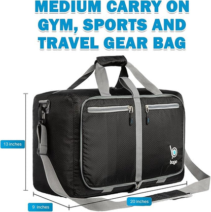 Bago Foldable Duffel Bags for Traveling Women & Men - 40L Sports Packable Duffle Bag for Travel with Shoe Compartment - Water Repellant, Heavy Duty, Lightweight Folding & Collapsible (Black)