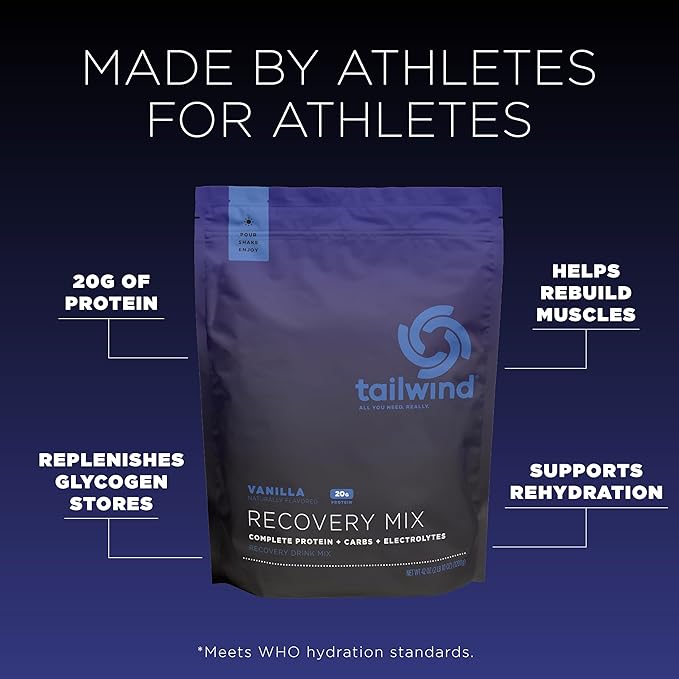 Tailwind Nutrition Recovery Mix, 20 Grams Complete Protein, Carbohydrates, and Electrolytes Powder Drink Mix for Post-Workout, Free of Gluten, Soy, and Dairy, Vegan, 20 Servings, Vanilla