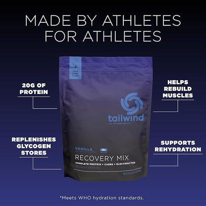 Tailwind Nutrition Recovery Mix, 20 Grams Complete Protein, Carbohydrates, and Electrolytes Powder Drink Mix for Post-Workout, Free of Gluten, Soy, and Dairy, Vegan, 20 Servings, Vanilla