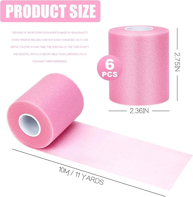 Pre wrap Pink,Prewrap Athletic Tape,6 Roll Pre wrap Headbands for Hair Soccer,Foam Underwrap Sports Wrap for Ankles Wrists Hands Knees Elbows 2.75 Inches X 12 Yards