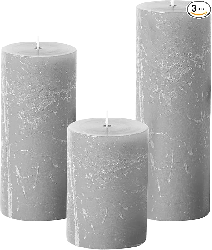 Simply Soson 3x4, 3x6, 3x8 inch Grey Pillar Candles, Set of 3 Pillar Candles, Rustic Texture, Unscented Grey Candles, Dripless Candles, Ideal as Wedding, Parties, Spa, Dinner, Home Decor, Church