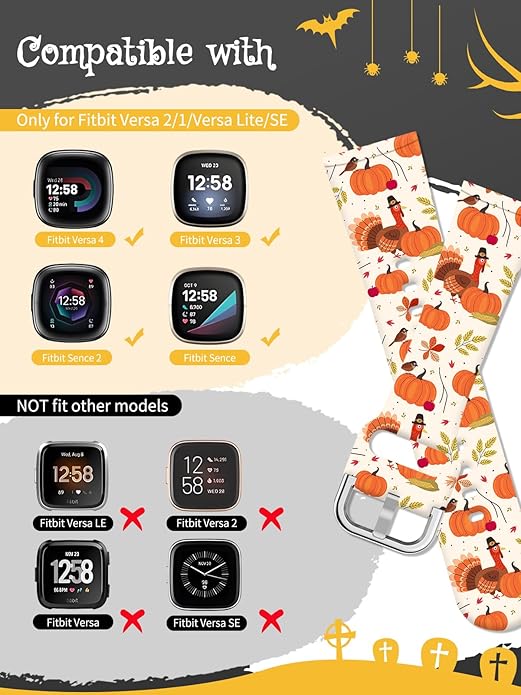 Watbro Halloween Holiday Band Compatible with Fitbit Versa 3 / Sense/Fitbit Versa 4 / Sense 2 Bands for Women Men,Soft Silicone Cute Sport Pumpkin Strap