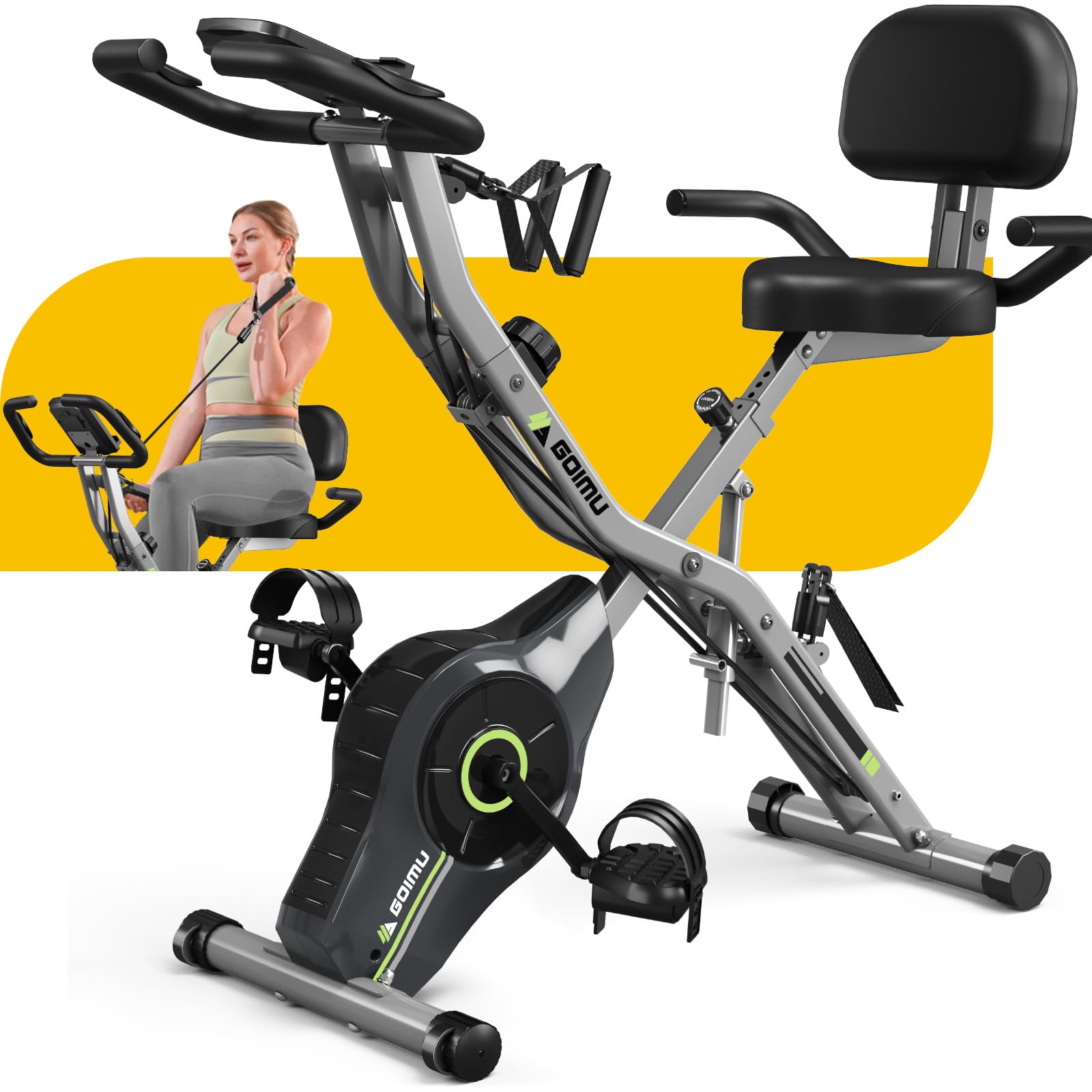 Goimu Exercise Bike, 5 in 1 Foldable Stationary Bike for Seniors, 16-Level Adjustable Magnetic