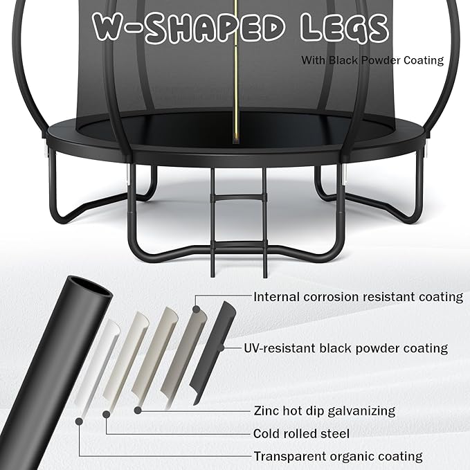 Trampoline 12FT 14FT 15FT 16FT for Kids/Adults - Outdoor Recreational with Enclosure Net Curved Poles and Ladder, Heavy Duty Anti-Rust Coating, ASTM Approval
