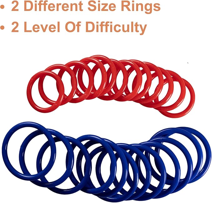 Ring Toss Bottle Carnival Game, 6 Plastic Bottles Targets and 24 Throw Rings, and a Wooden Base Box, Great for all Occasions and Events, Summer Backyard Fun, Holidays, Beach, Party Activities