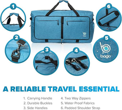 Bago Large Foldable Duffel Bags for Traveling Women & Men - 100L Packable Duffle Bag for Travel with Shoe Compartment - Water Repellant, Heavy Duty, Lightweight Folding & Collapsible (SnowBlue)