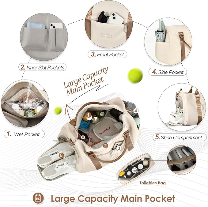 FIORETTO Womens Gym Tote Duffle Bag with Toiletry Bag, Sports Duffel Overnight Hospital Workout Carry on Bag for Girls with Wet Pocket & Shoe Compartment, Ideal for Travel, Swimming, Beige & Brown
