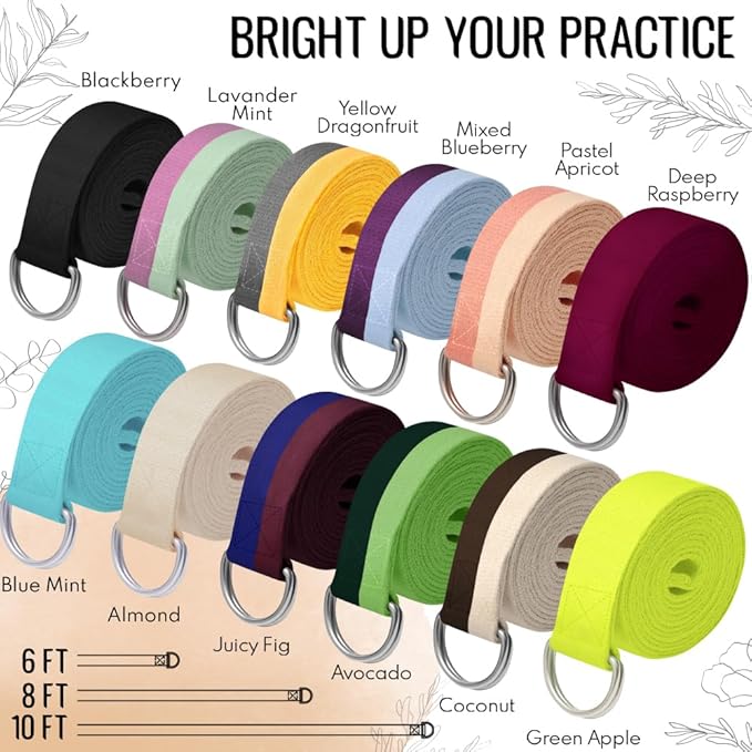 TECEUM Yoga Strap & Mat Strap – 2 IN 1 – Cotton – 6 ft 8 ft 10 ft (30+ colors) – Adjustable Non-Slip Belt for Yoga, Pilates, Stretching, Physical Therapy, Fitness & Home Workout – For Carrying Mats
