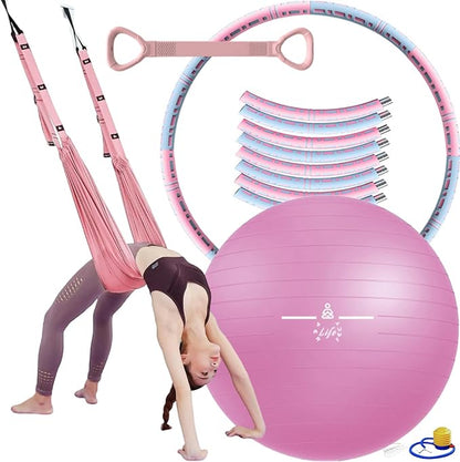 Yoga Set 4 in 1 Yoga Equipment Set. Anti-Burst and Slip Resistant Yoga Ball. Leg Stretcher Strap for Pilates. Free Weight Hula Hoop for Workout. Figure 8 Fitness Resistance Band