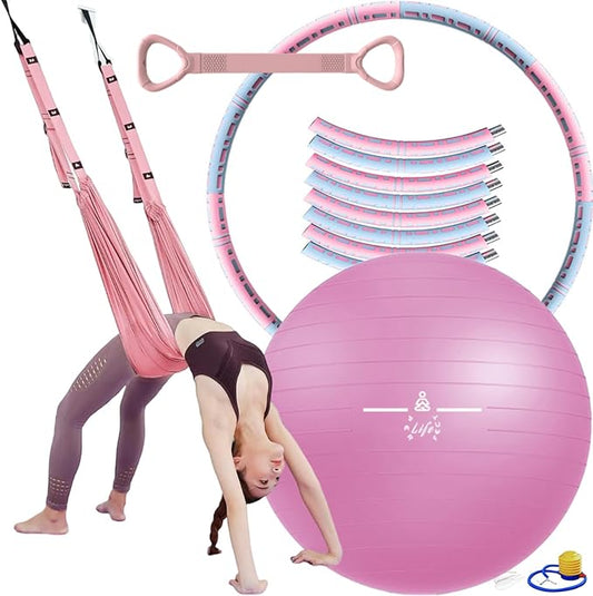 Yoga Set 4 in 1 Yoga Equipment Set. Anti-Burst and Slip Resistant Yoga Ball. Leg Stretcher Strap for Pilates. Free Weight Hula Hoop for Workout. Figure 8 Fitness Resistance Band