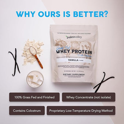 Paleovalley 100% Grassfed Whey Protein Powder with Colostrum, 13g Protein, Vanilla, Muscle Building, Immune Support, Gut Health