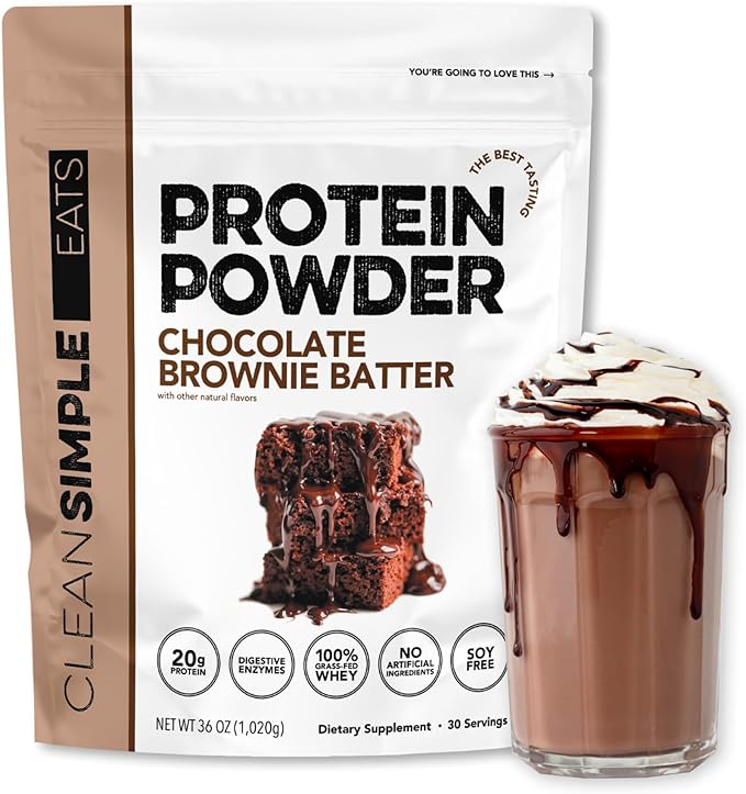 Clean Simple Eats Whey Protein Powder, Chocolate Brownie Batter Flavor Naturally Sweetened, 100% Grass Fed Protein Powder with Digestive Enzymes & No Artificial Ingredients, Gluten Free, 30 Servings