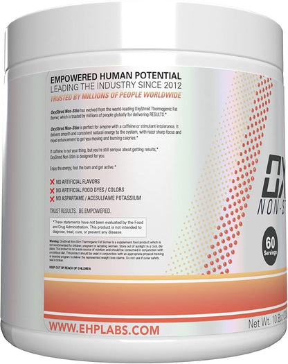 EHP Labs OxyShred Non Stimulant Pre Workout Powder - Stim Free Pre Workout, Caffeine Free Preworkout for Men & Women with L Glutamine & Acetyl L Carnitine - Peach, 60 Servings