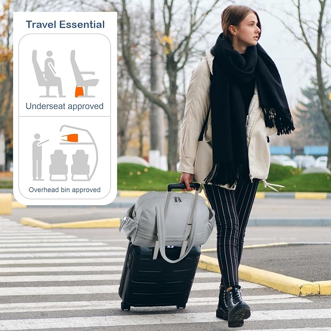 TOPDesign Travel Duffel Bag for Women, Puffer Gym Bag Sports Tote with Wet Pocket, Carry On Weekender with Luggage Sleeve (Light Grey)