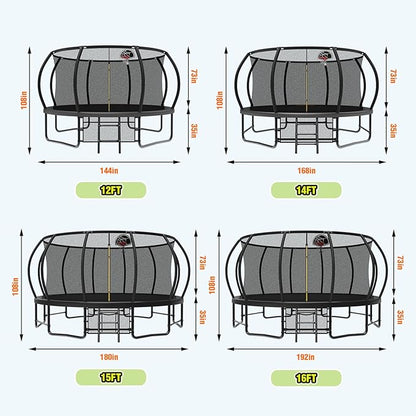 12 14 15 16FT Outdoor Trampolines for Kids and Adults, Pumpkin Trampolin with Curved Poles, Recreational Trampolin with Basketball Hoop and Safety Enclosure Net for Kids and Adults