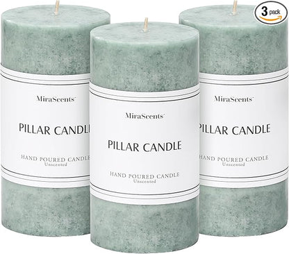 3x6 inch Green Pillar Candles Set of 3, Unscented Pillar Candle, Dripless and Smokeless Large Candles, Candle for Home Decor, Dinner Table,Weddings, Holidays