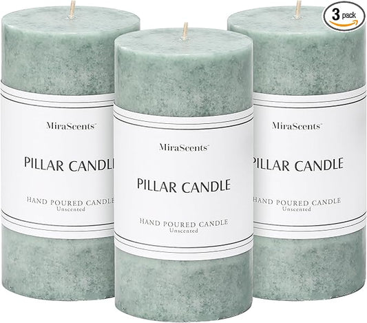 3x6 inch Green Pillar Candles Set of 3, Unscented Pillar Candle, Dripless and Smokeless Large Candles, Candle for Home Decor, Dinner Table,Weddings, Holidays