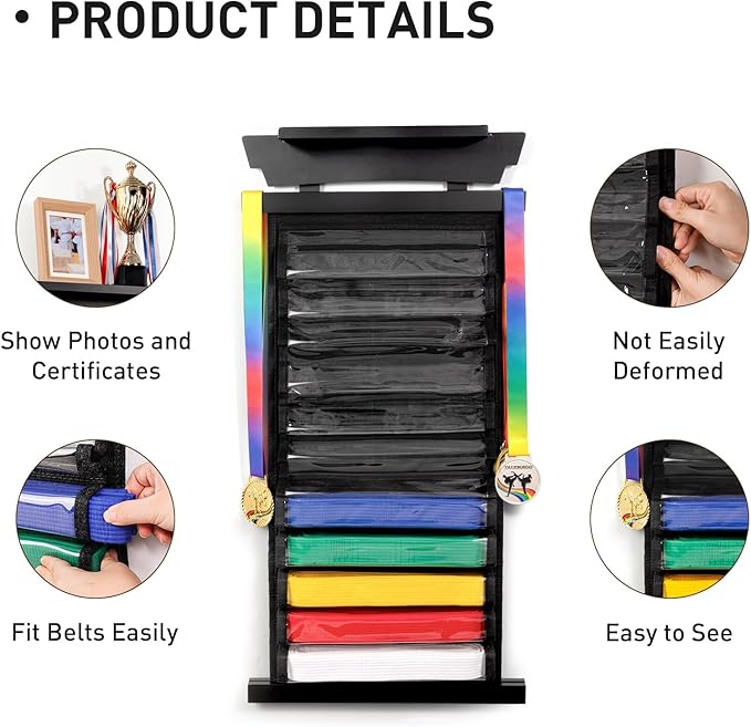 Tilhumt 12/10 Belts Karate Belt Display Rack with Stickers, Taekwondo Belt Display with Trophy/Photo Rack, Felt Dustproof Design, Easy to Put in Belt, Martial Arts Belt Display for Adults