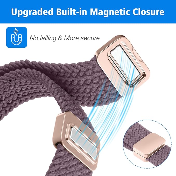 FINTIE Magnetic Braided Band Compatible with Garmin Vivoactive 5/6/Vivoactive 3, Garmin Venu/Venu Sq/Sq 2/Forerunner 55/165/645/245 Music, 20mm Stretchy Nylon Elastic Sport Strap (Smoke Violet)