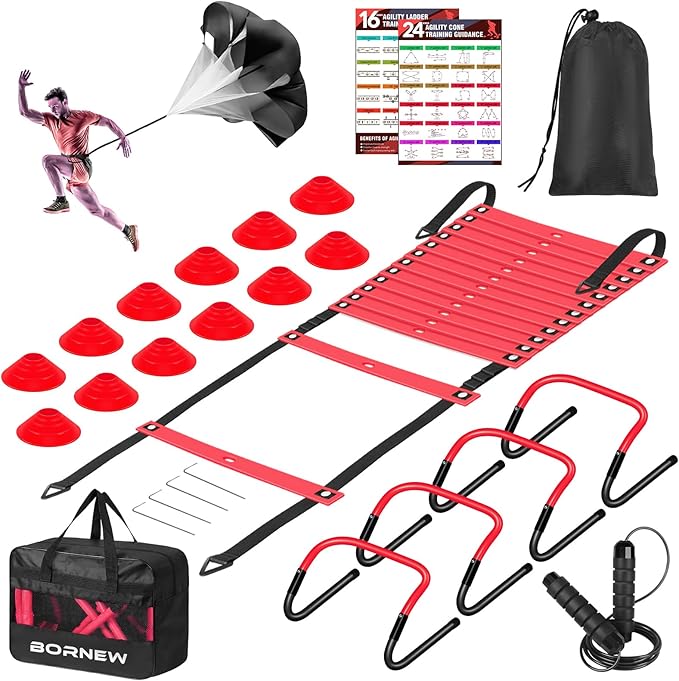 Soccer Training Equipment, Agility Speed Training Set with 20ft Speed Ladder, 12 Cones, 4 Adjustable Hurdles, Jump Rope, Parachute | Ideal for Basketball, Football Practise, for Kids, Youth, Adults