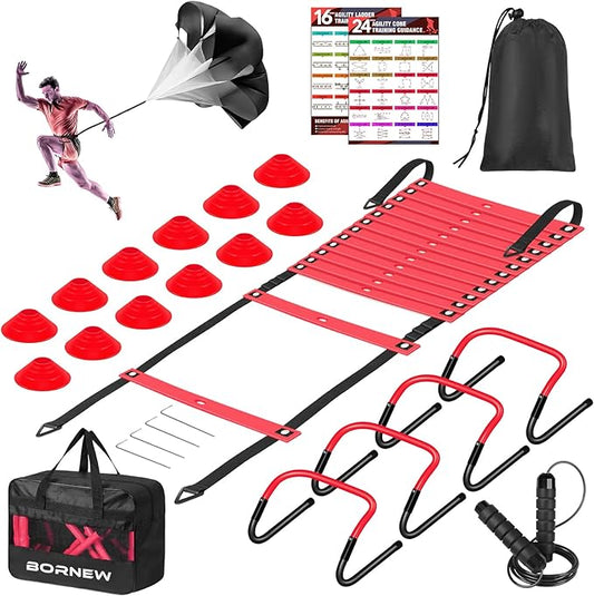Soccer Training Equipment, Agility Speed Training Set with 20ft Speed Ladder, 12 Cones, 4 Adjustable Hurdles, Jump Rope, Parachute | Ideal for Basketball, Football Practise, for Kids, Youth, Adults