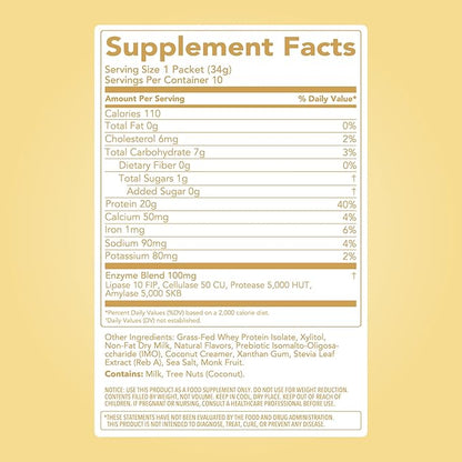 Clean Simple Eats Whey Protein Powder, Simply Vanilla Flavor Naturally Sweetened, 100% Grass Fed Protein Powder with Digestive Enzymes & No Artificial Ingredients, Gluten Free, 10 Stick Packs